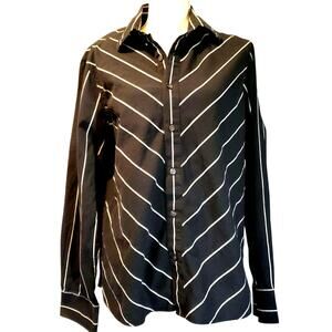Kenneth Cole Top Size M Black & Gray Striped 100% Cotton Retro Classic Button Up